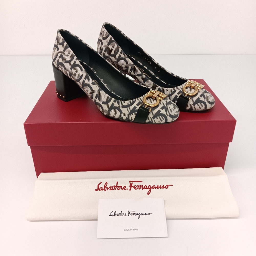 Salvatore Ferragamo Women's Monochrome Canvas Garda Gancini Pumps- Size 6/EU36.5